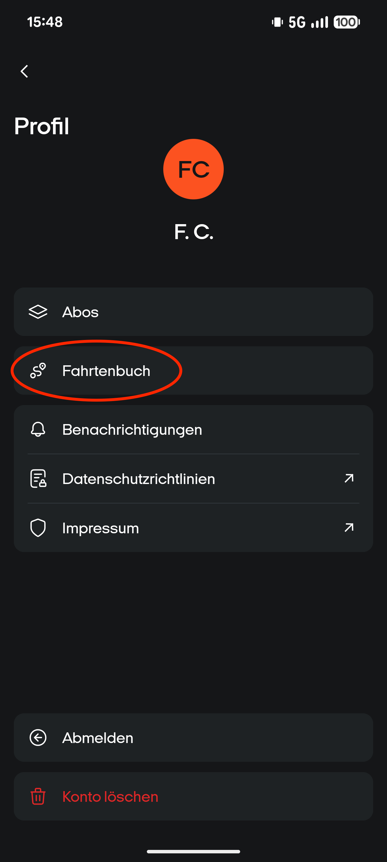 Profile menu with Mileage book