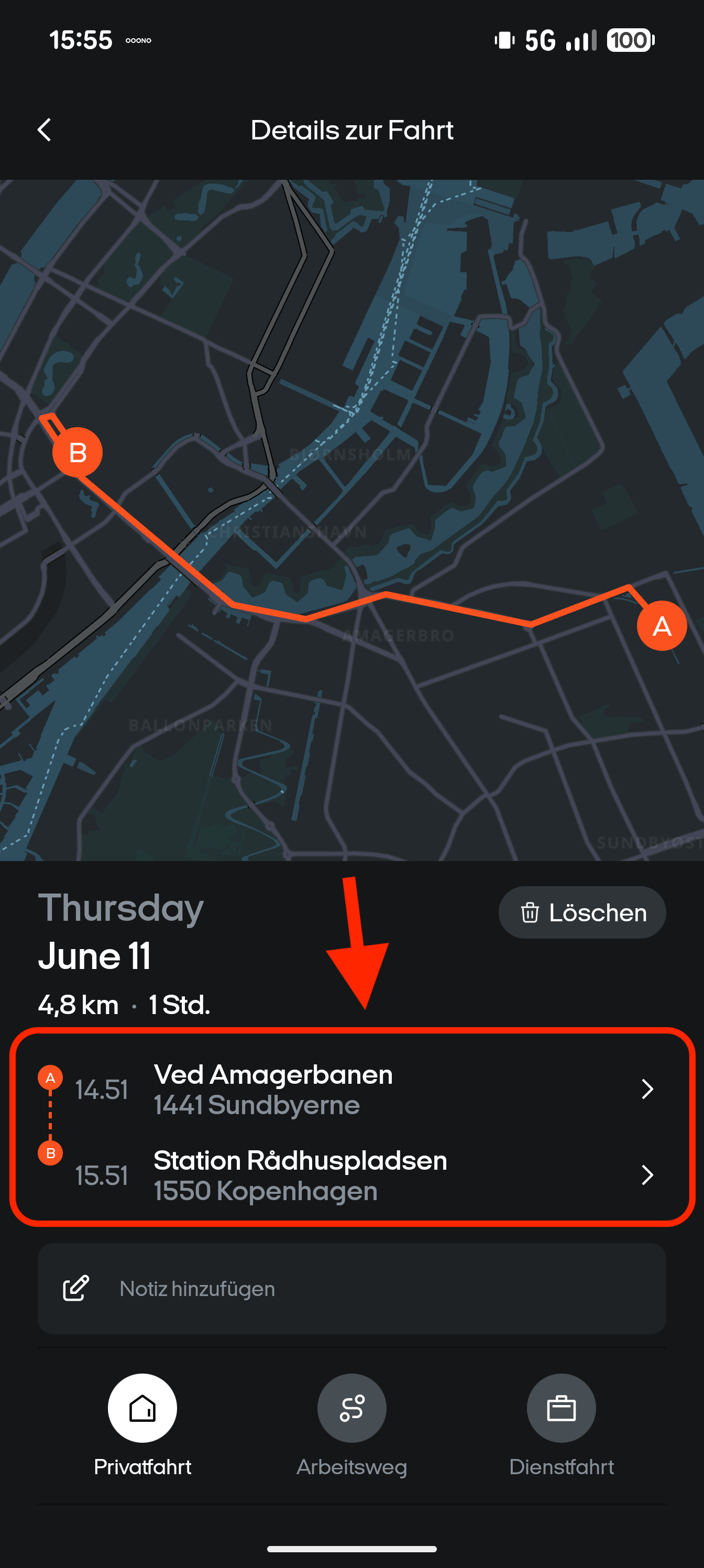 Trip detail with start and end points