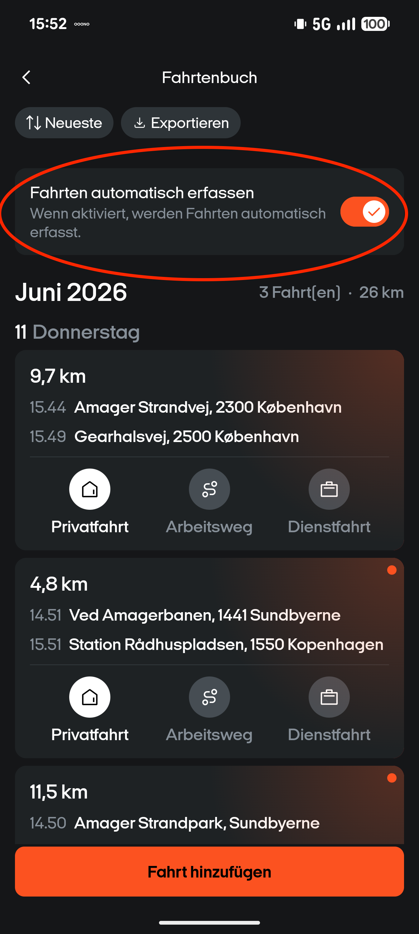 Mileage book with automatic logging toggle