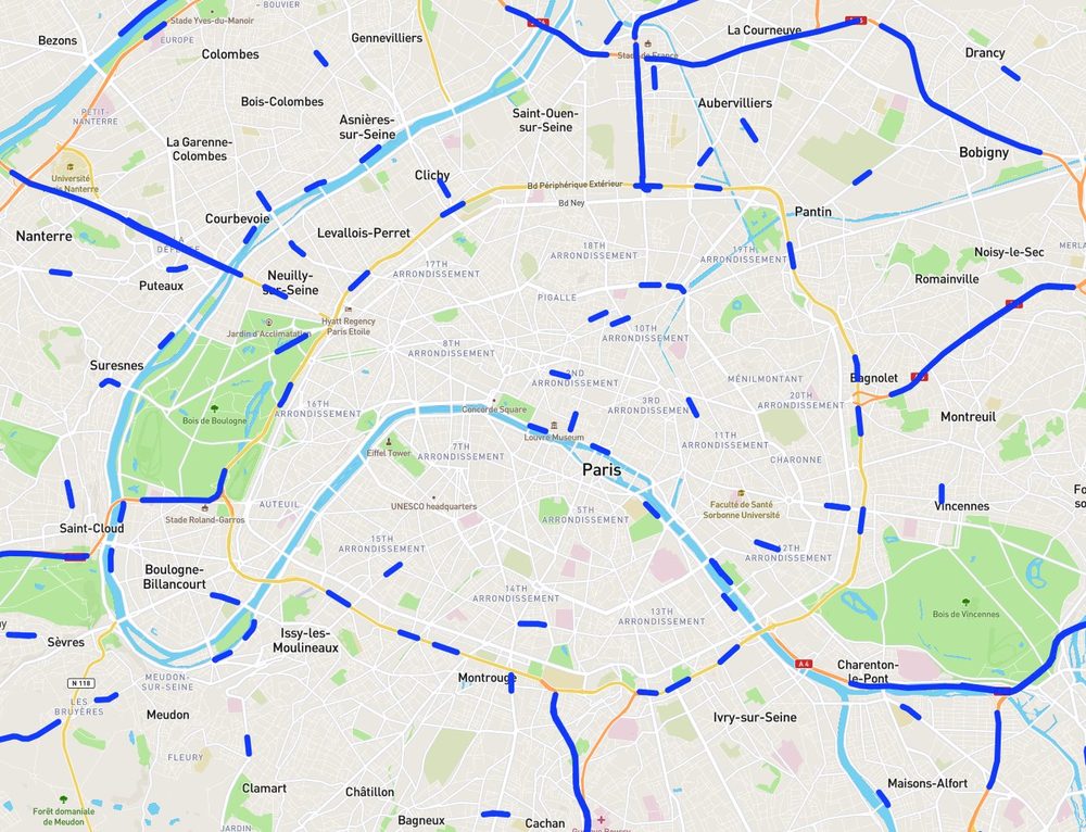Carte de Paris avec tous les radars affichés sous forme de tronçons bleus