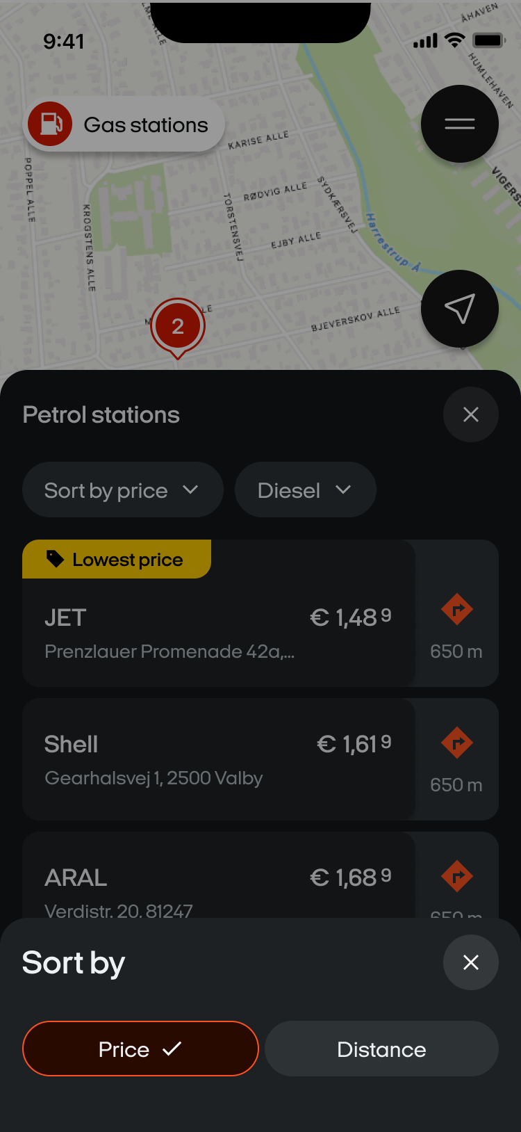 Sorting options for the petrol station list: price or distance