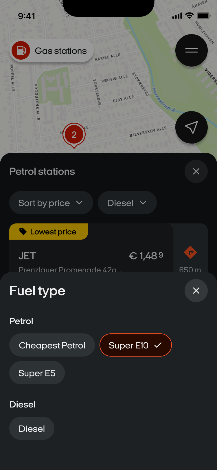 Fuel type options: Cheapest Petrol, Super E10, Super E5 and Diesel