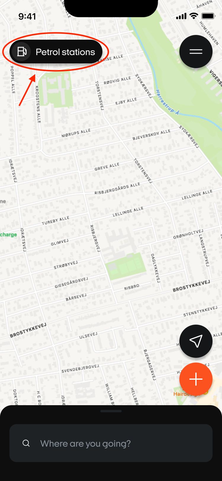 OOONO Map with the black Petrol stations button