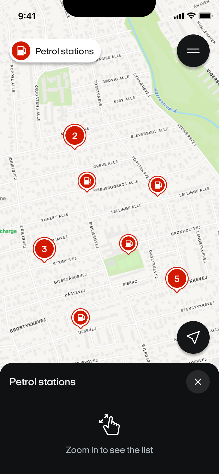 OOONO Map showing red petrol station pins