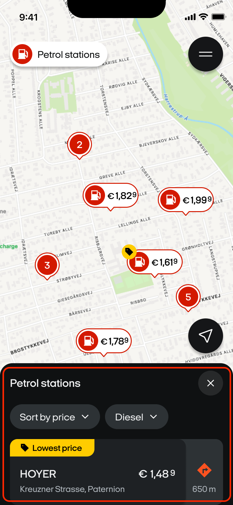 OOONO Map with fuel prices shown on the petrol station pins