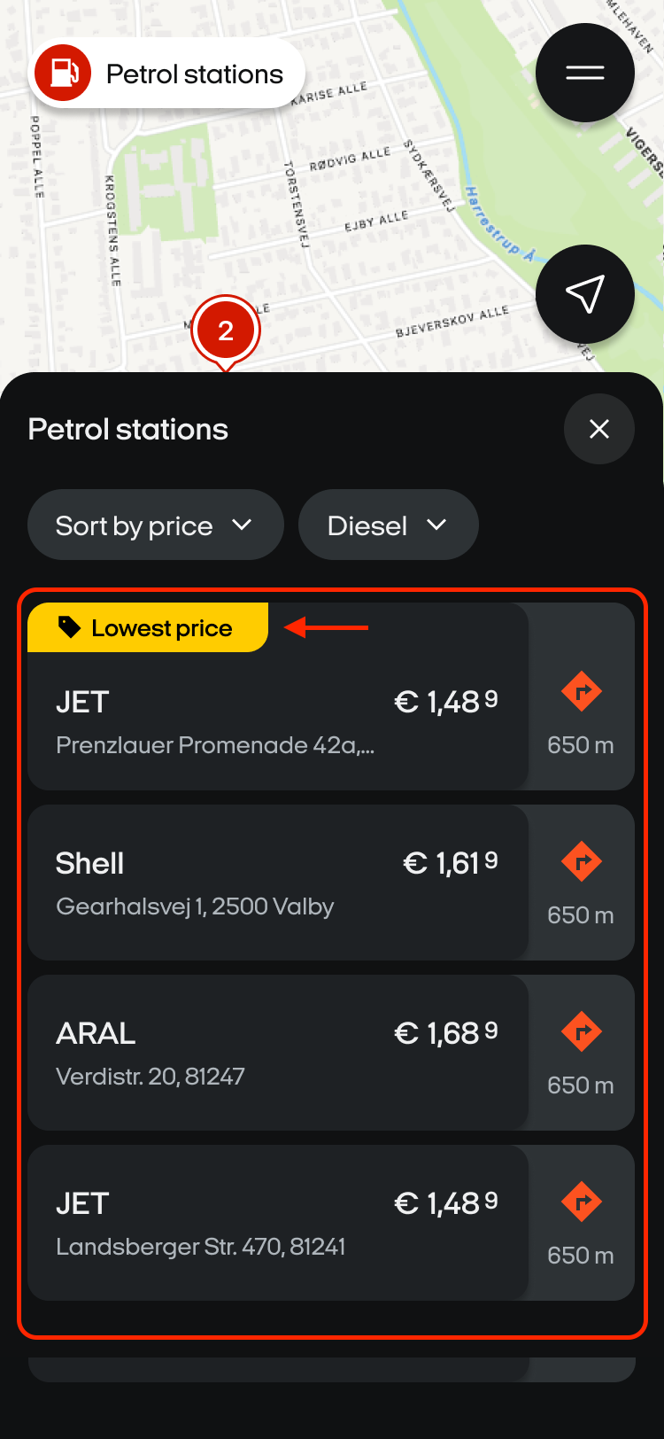 List of petrol stations with prices and distances