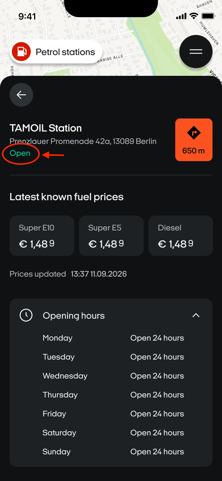 Petrol station details marked Open, with fuel prices, update time and opening hours