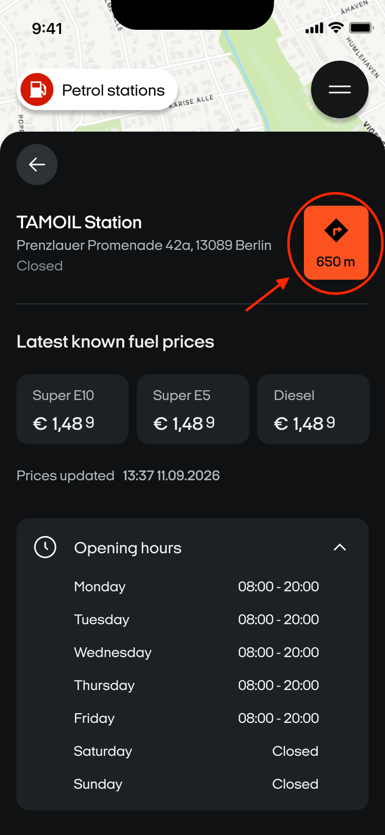 Petrol station details with the orange directions button