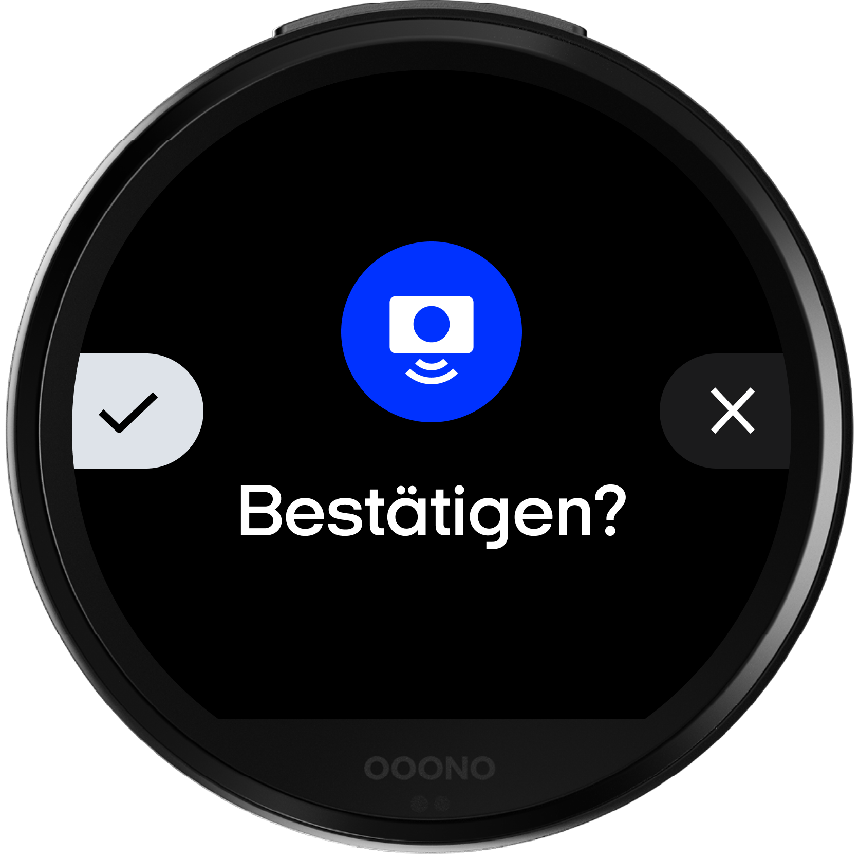 Display des CO-DRIVER NO3 mit der Frage Bestätigen? für einen Blitzer, mit Haken links und X rechts