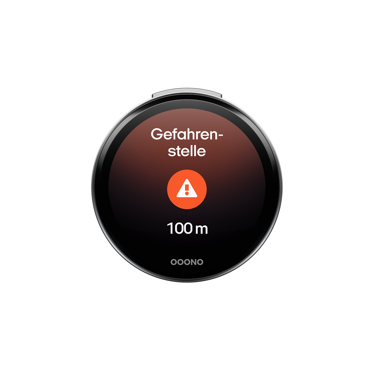 Display des CO-DRIVER NO3 mit einer Warnung vor einer Gefahrenstelle in 100 m