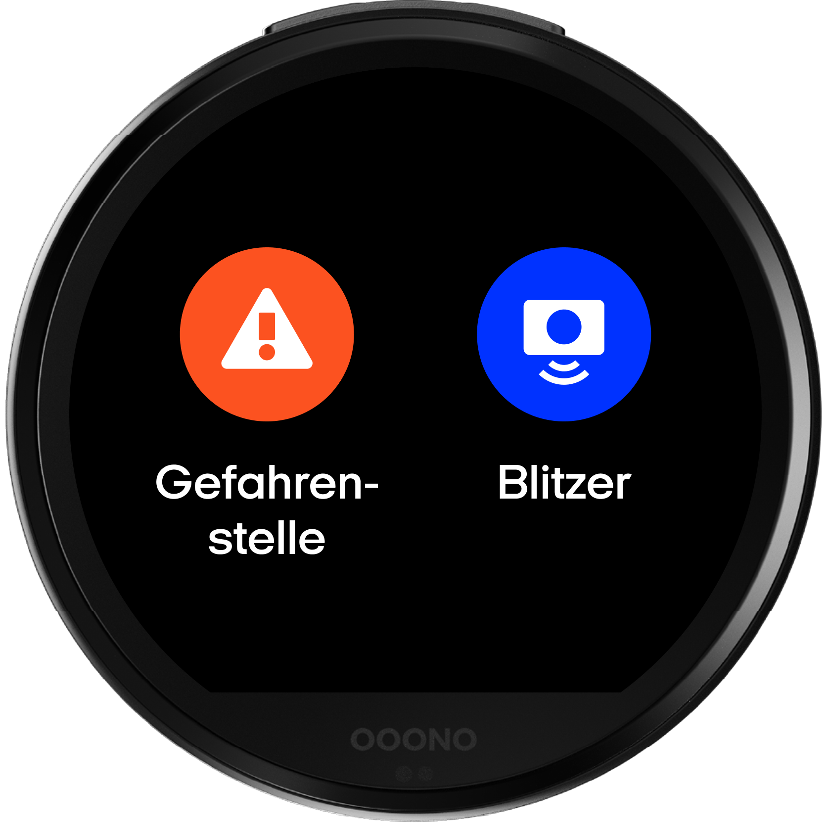 Display des CO-DRIVER NO3 mit Gefahrenstelle links und Blitzer rechts