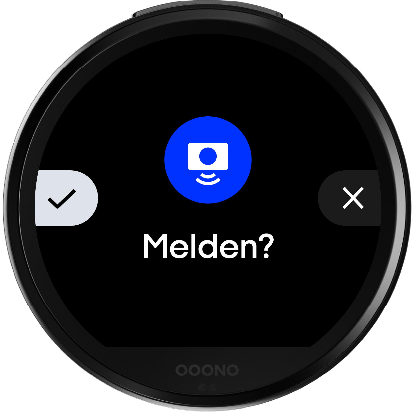 Display des CO-DRIVER NO3 mit der Frage Melden? für einen Blitzer, mit Haken links und X rechts