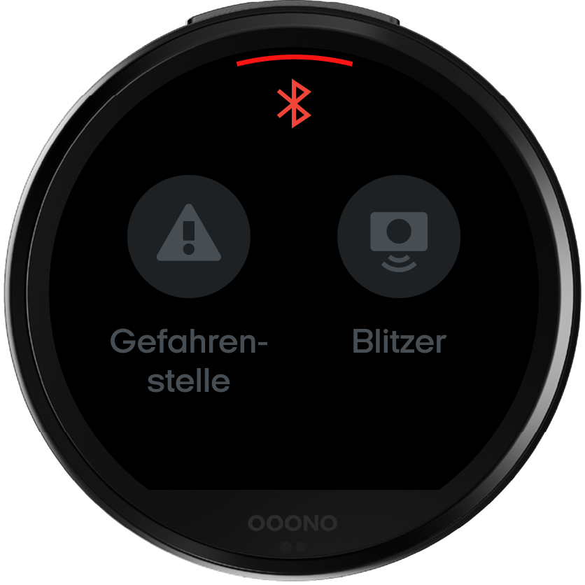 Display des CO-DRIVER NO3 mit rotem Bluetooth-Symbol oben und ausgegrauten Optionen Gefahrenstelle und Blitzer