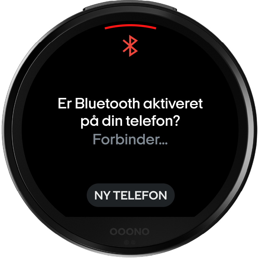 CO-DRIVER NO3-display, der spørger Er Bluetooth aktiveret på din telefon?, med Forbinder… og knappen NY TELEFON nederst
