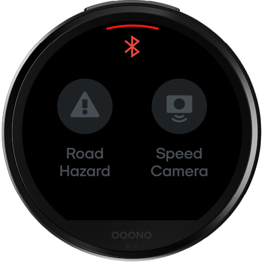 Display del CO-DRIVER NO3 con un'icona Bluetooth rossa in alto e le opzioni pericolo e autovelox in grigio