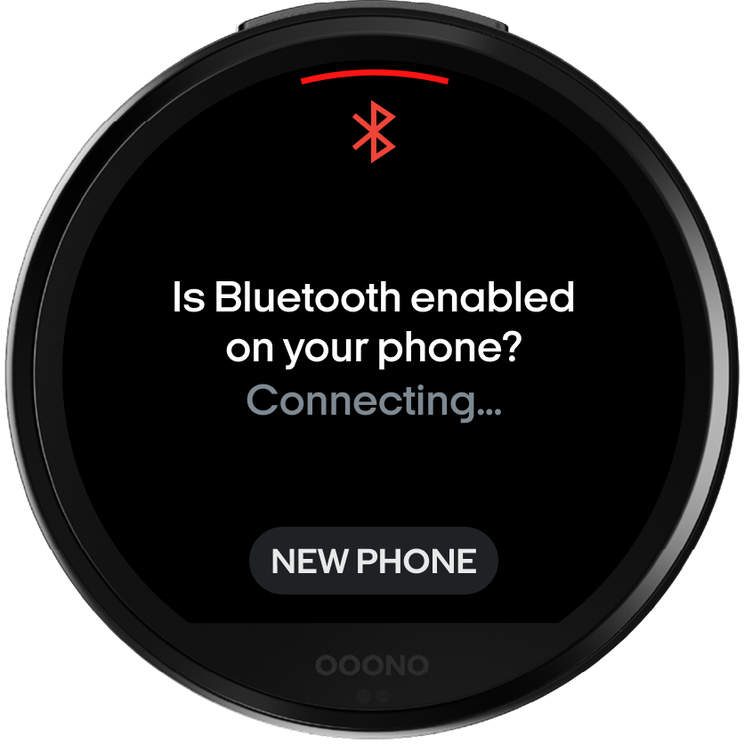 Écran du CO-DRIVER NO3 demandant si le Bluetooth est activé sur le téléphone, avec un bouton pour associer un nouveau téléphone en bas