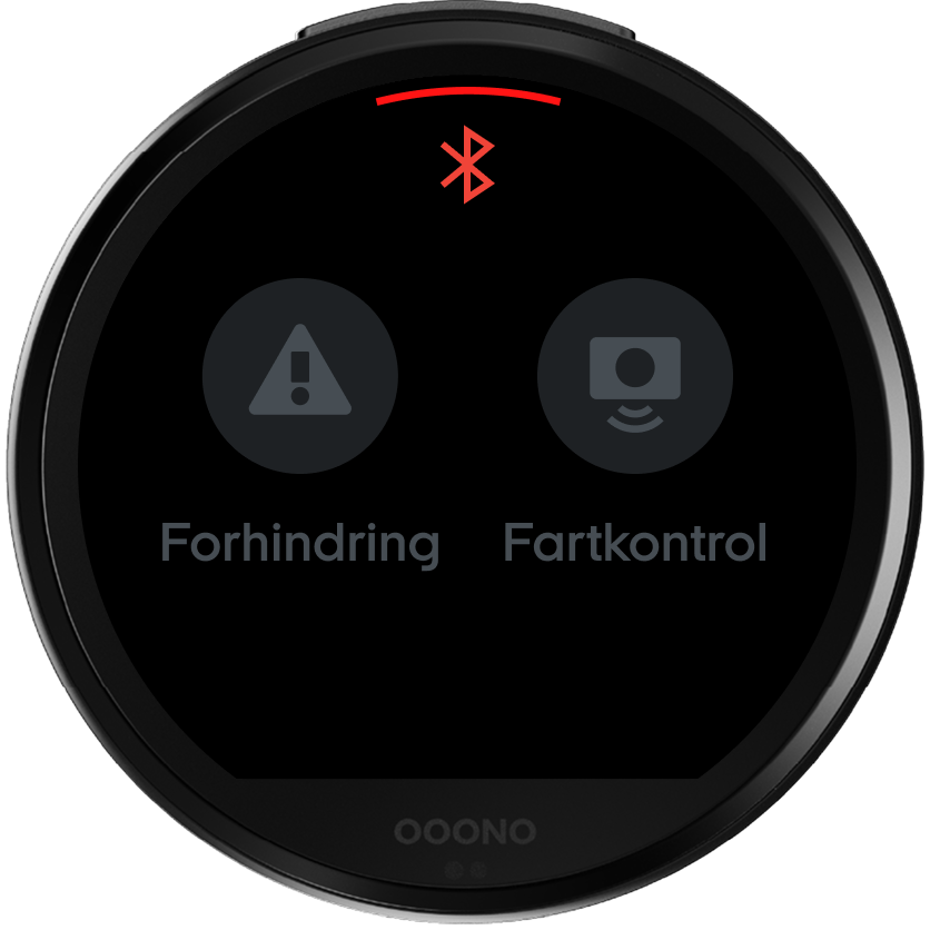 CO-DRIVER NO3-display med rødt Bluetooth-ikon øverst og nedtonede muligheder Forhindring og Fartkontrol