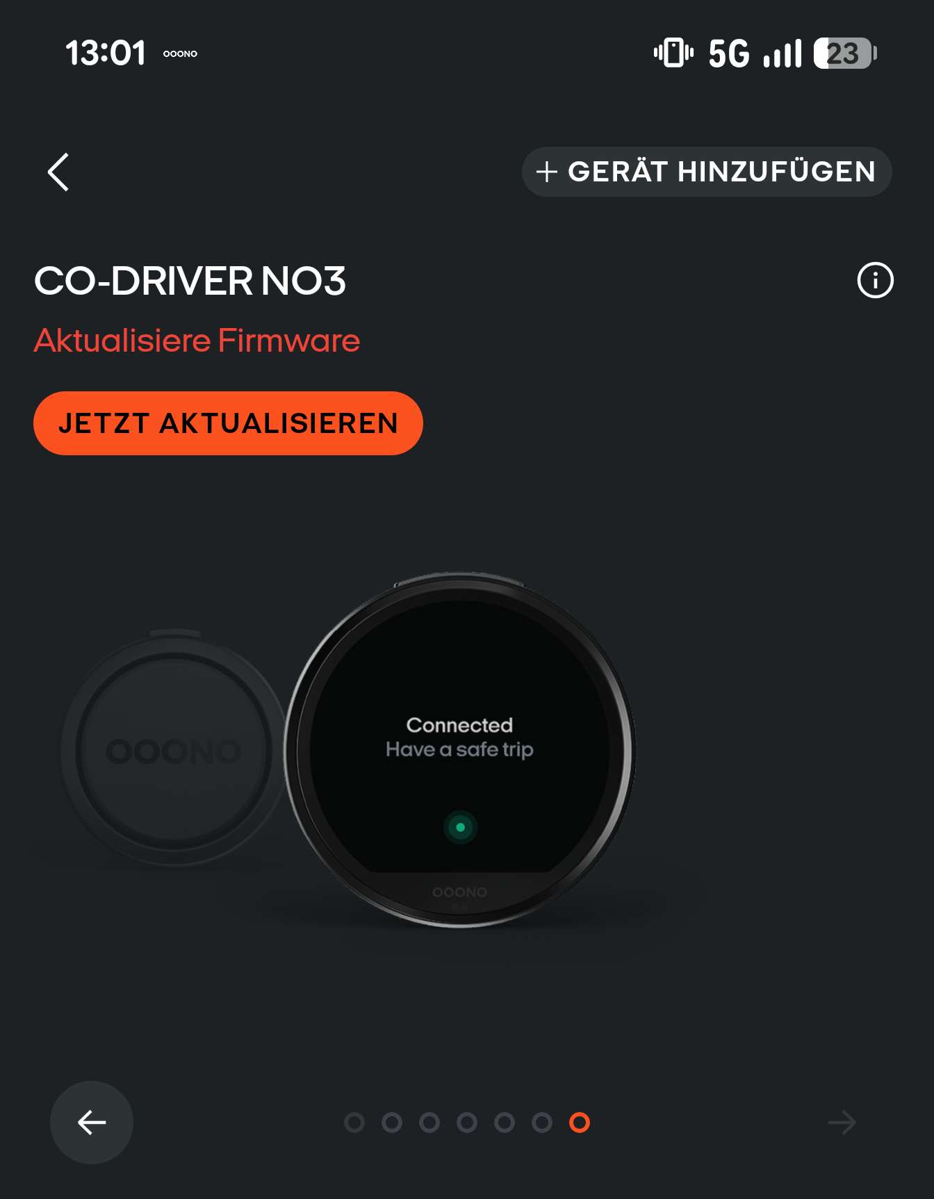 OOONO App mit dem CO-DRIVER NO3, dem Hinweis Aktualisiere Firmware und der Taste Jetzt aktualisieren