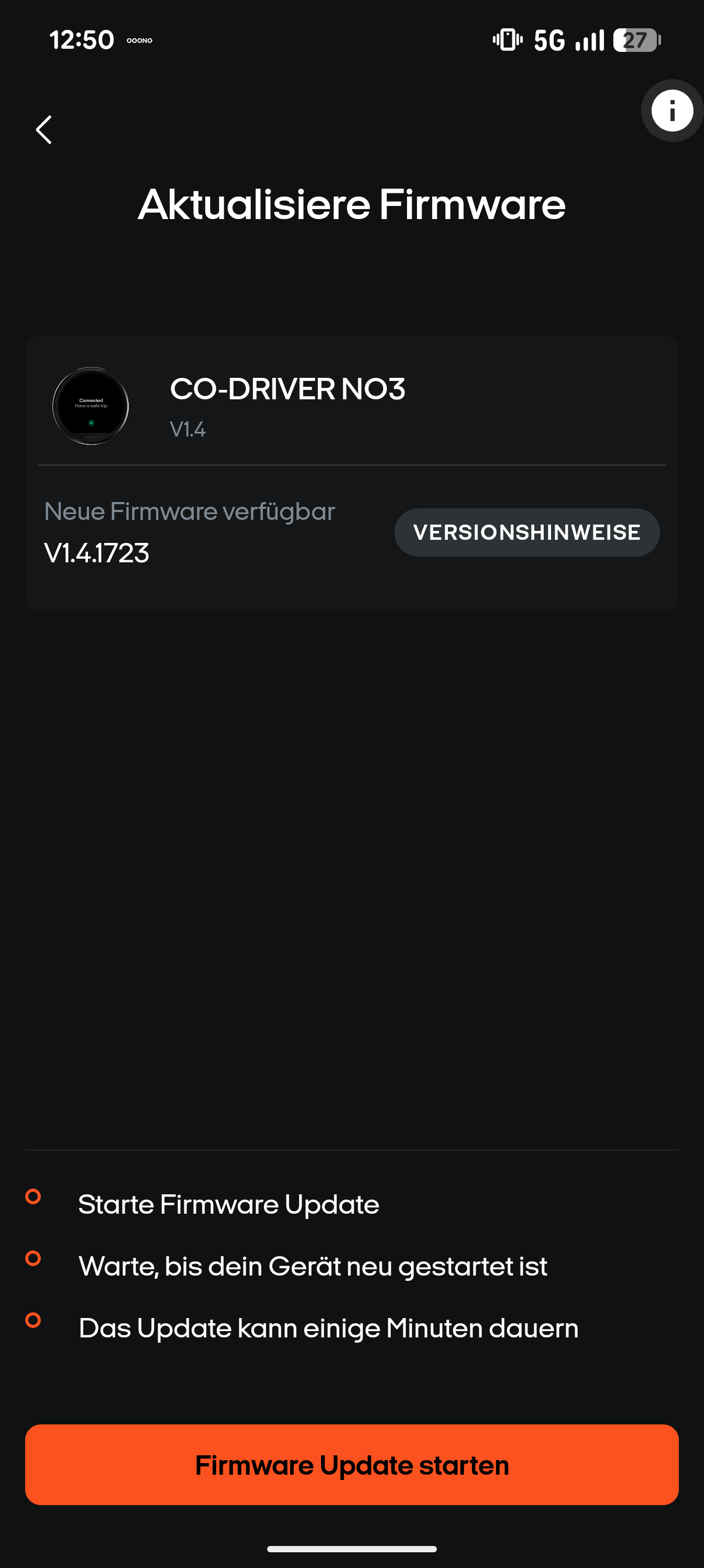Firmware-Bildschirm mit aktueller und neuer Firmware-Version, Versionshinweise und Firmware Update starten