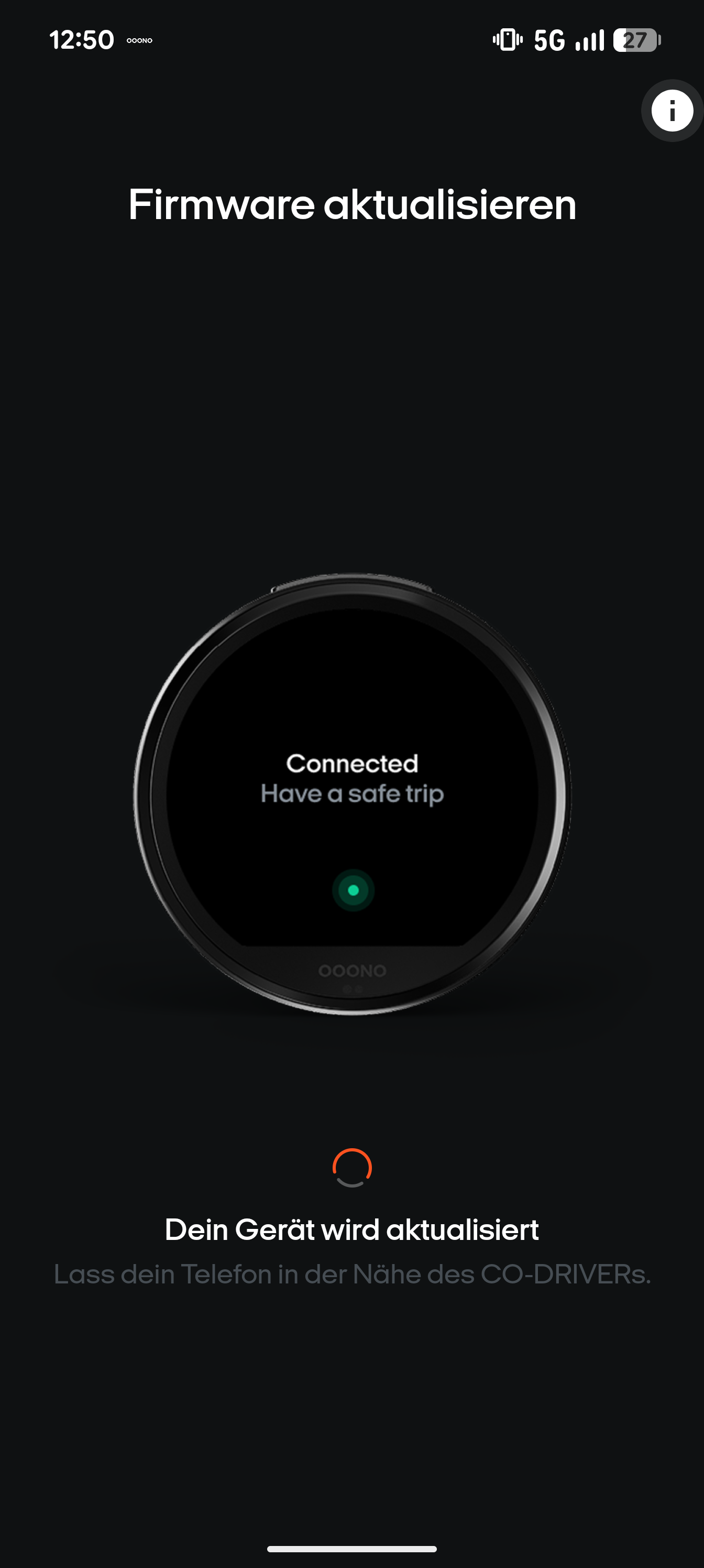 Bildschirm Firmware aktualisieren in der OOONO App mit dem Hinweis Dein Gerät wird aktualisiert
