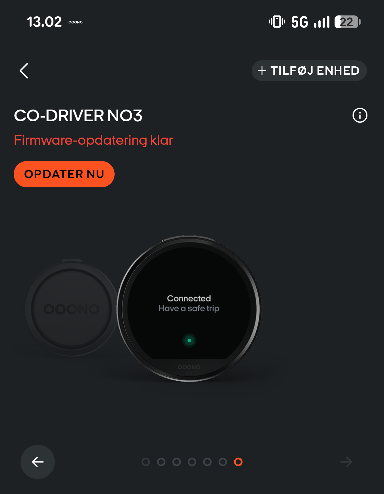 OOONO-appen med CO-DRIVER NO3, beskeden Firmware-opdatering klar og knappen Opdater nu