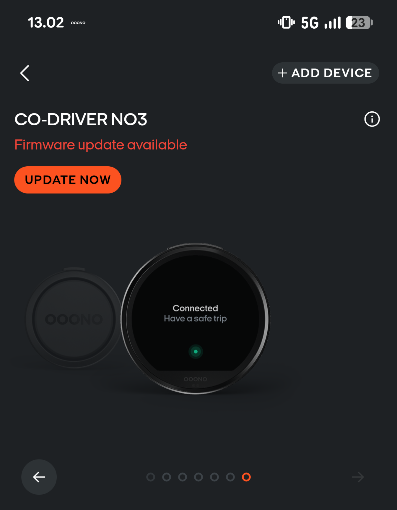 App OOONO con il CO-DRIVER NO3, un aggiornamento del firmware disponibile e un pulsante arancione per avviarlo