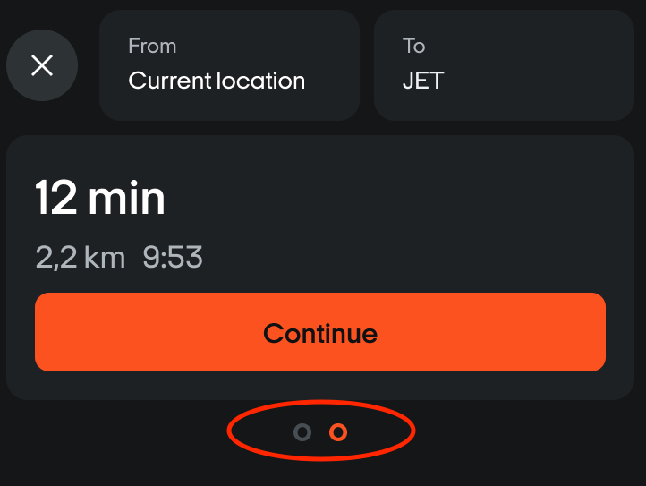 Orange circles under the Continue button showing that more routes are available