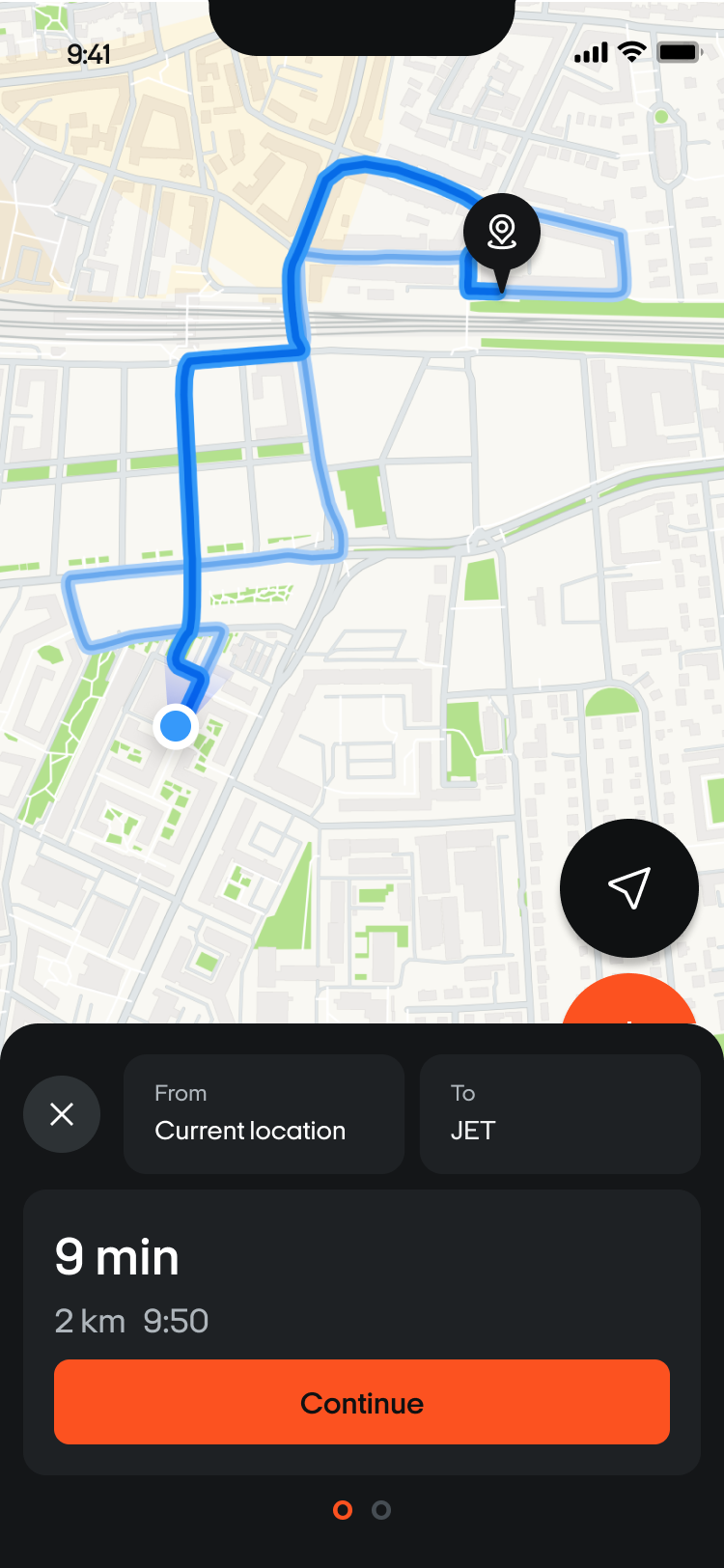 Route overview with the Continue button to start the navigation