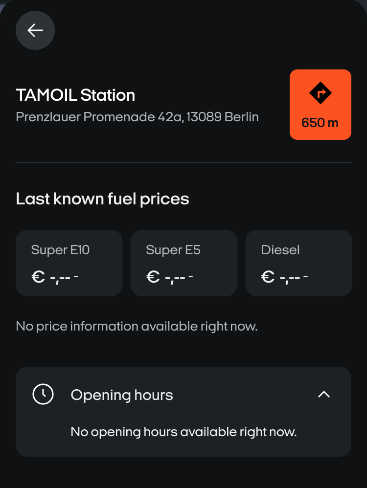 Petrol station details without price or opening hours information