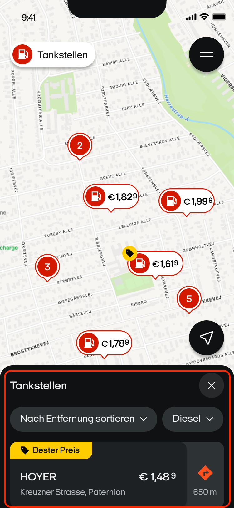 OOONO Karte mit Spritpreisen an den Tankstellen-Pins