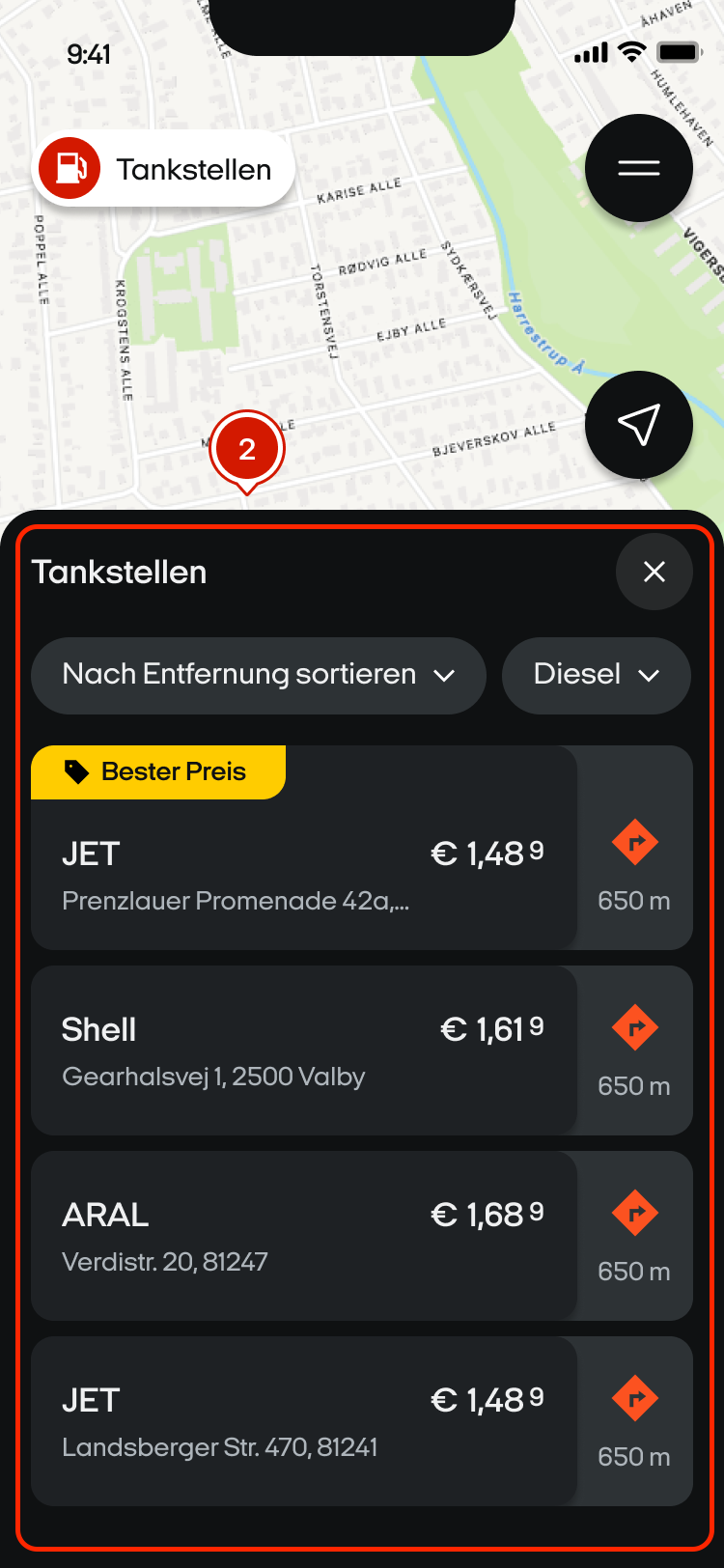 Liste der Tankstellen mit Preisen und Entfernungen