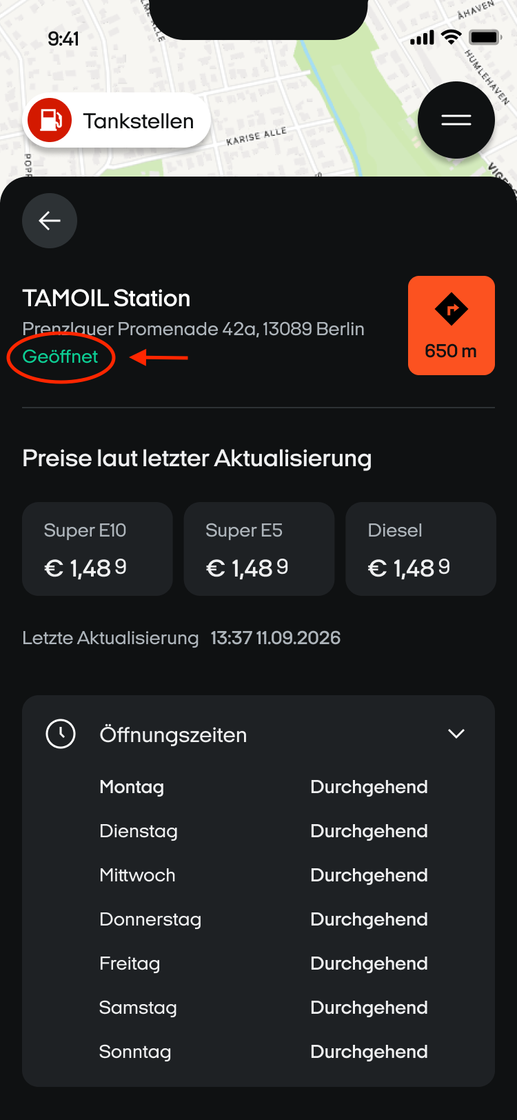Tankstellen-Details mit Status Geöffnet, Spritpreisen, Aktualisierungszeit und Öffnungszeiten