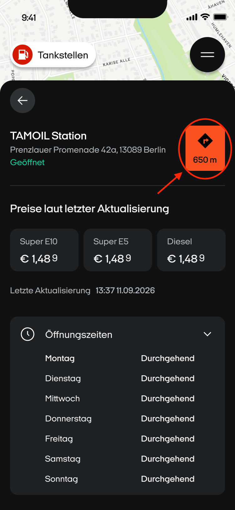 Tankstellen-Details mit dem orangefarbenen Navigations-Button