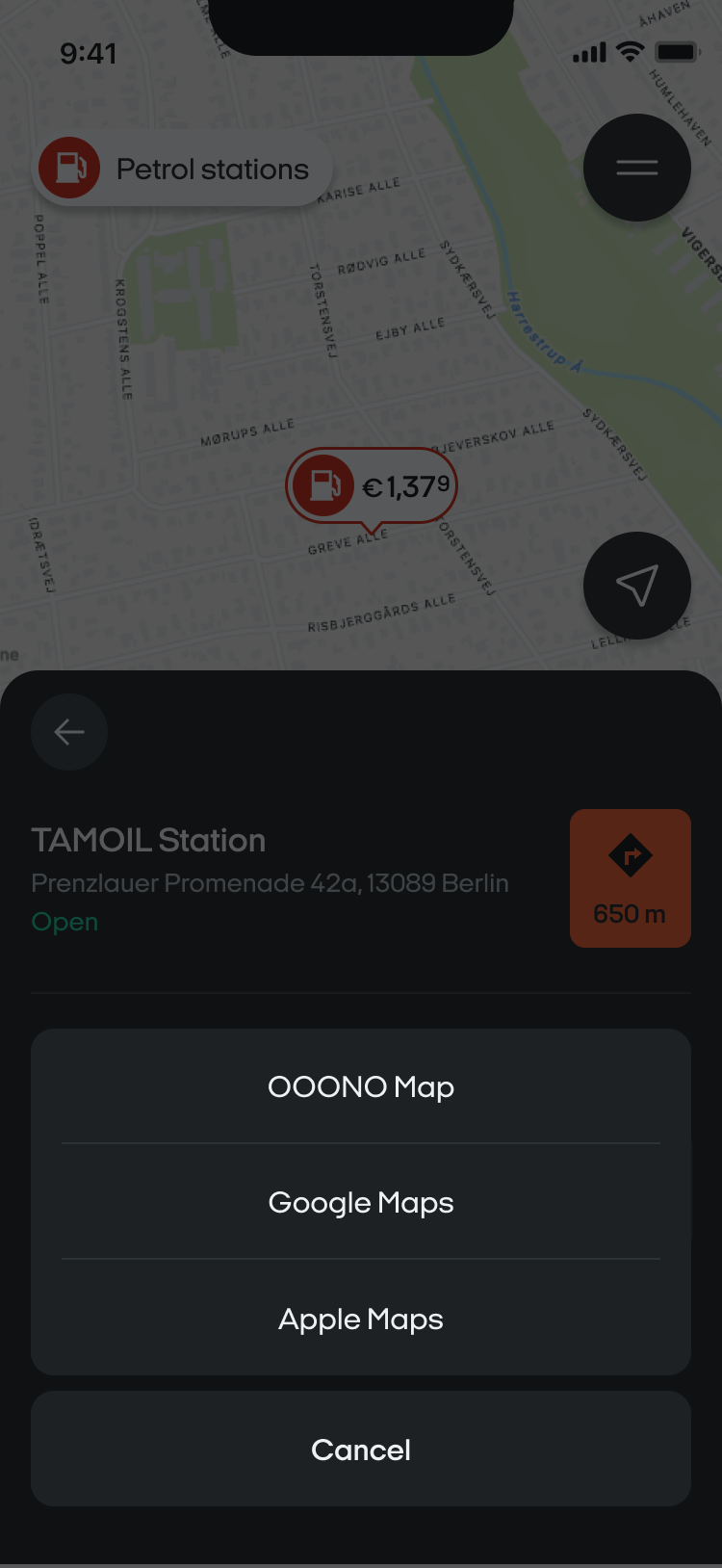 Auswahl der Navigations-App für die Navigation zur Tankstelle