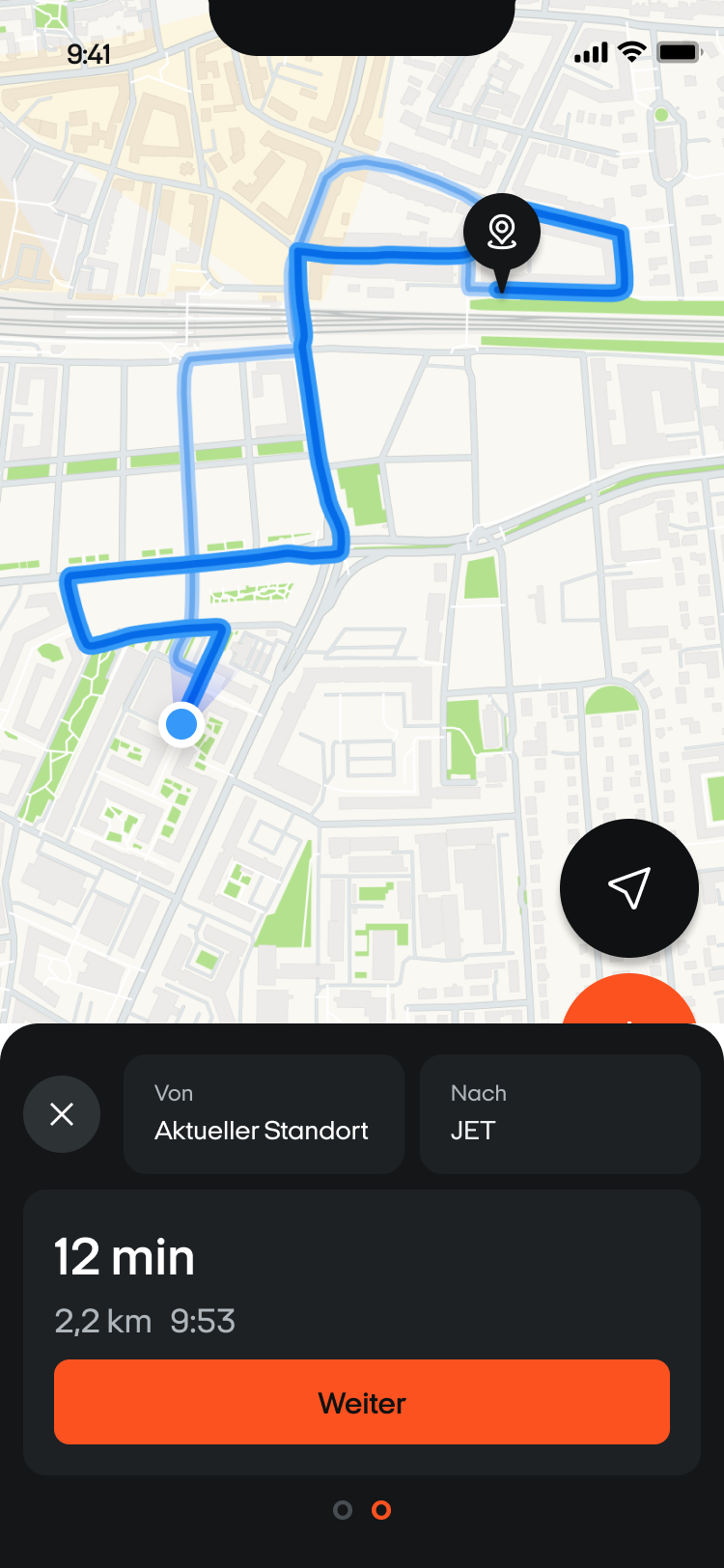 Routenübersicht mit dem Button Weiter zum Starten der Navigation