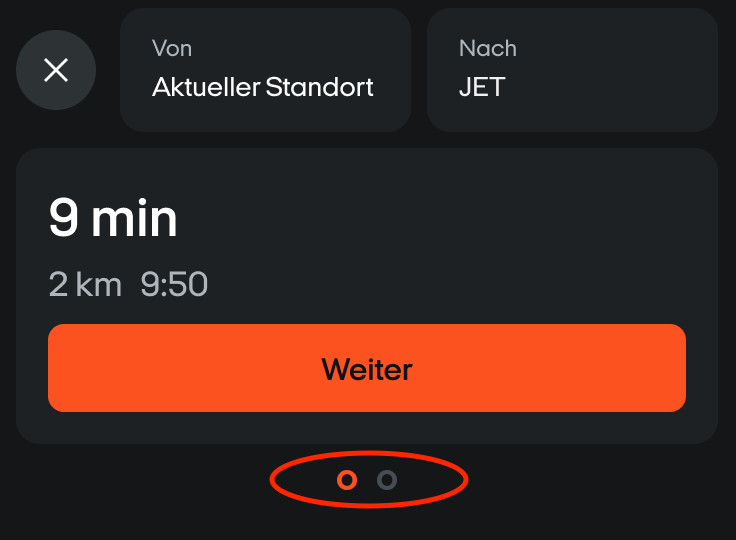 Orangefarbene Kreise unter dem Button Weiter zeigen, dass mehrere Routen verfügbar sind