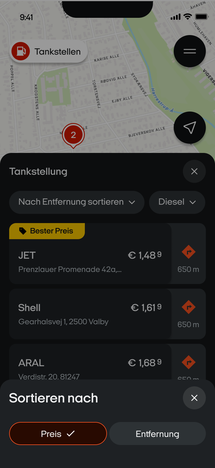 Sortieroptionen für die Tankstellenliste: Preis oder Entfernung