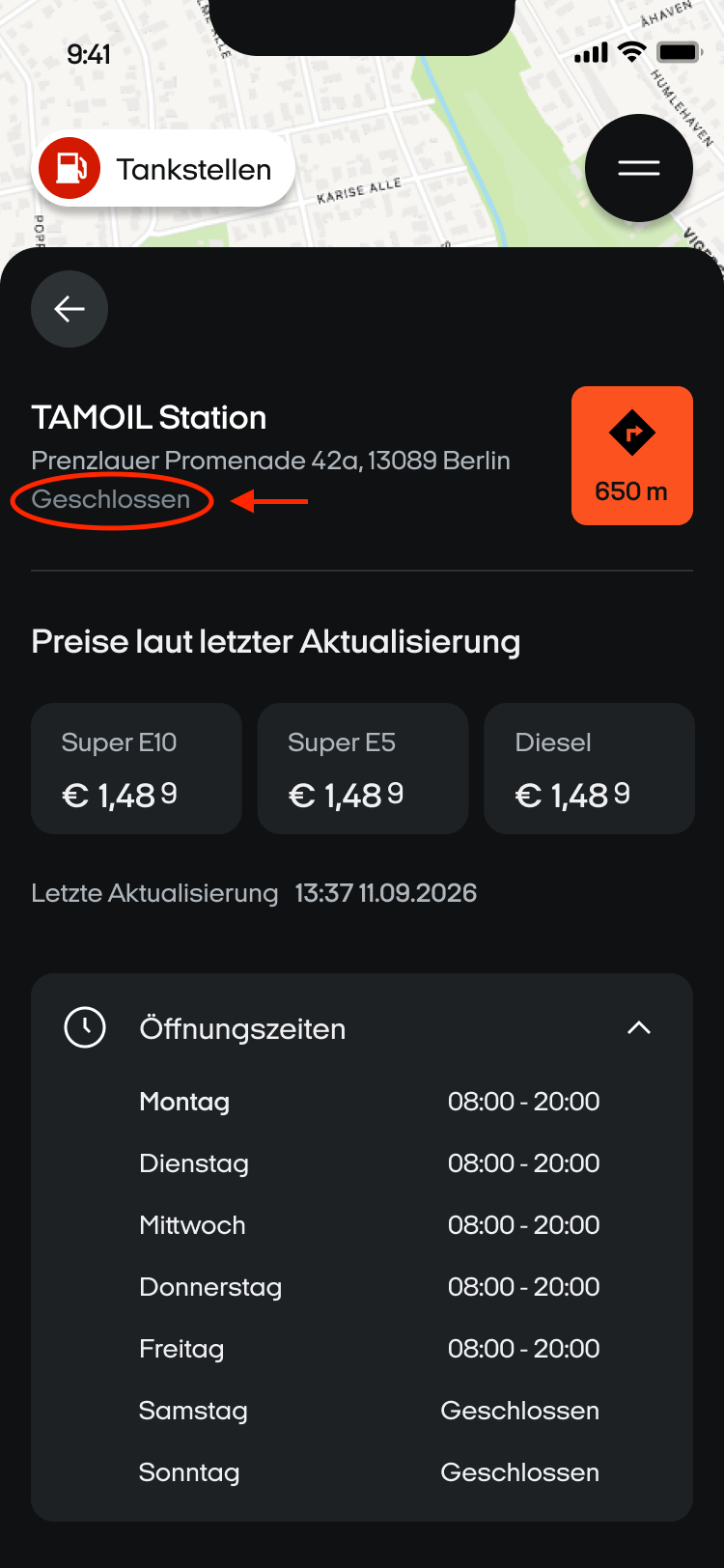 Tankstellen-Details mit Status Geschlossen, Spritpreisen, Aktualisierungszeit und Öffnungszeiten