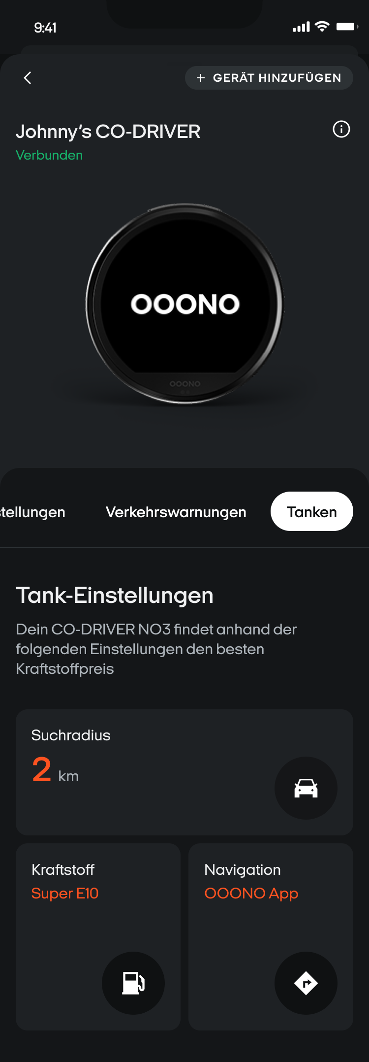 Der Tab Tanken in der OOONO App mit den Einstellungen Suchradius, Spritsorte und Navigations-App