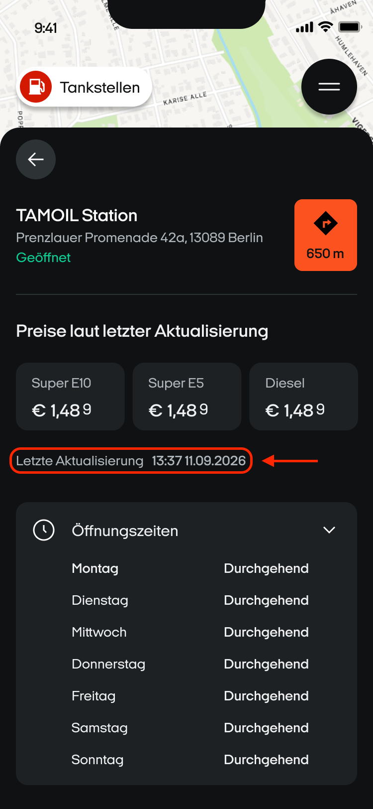 Tankstellen-Details mit dem Zeitpunkt der letzten Preisaktualisierung